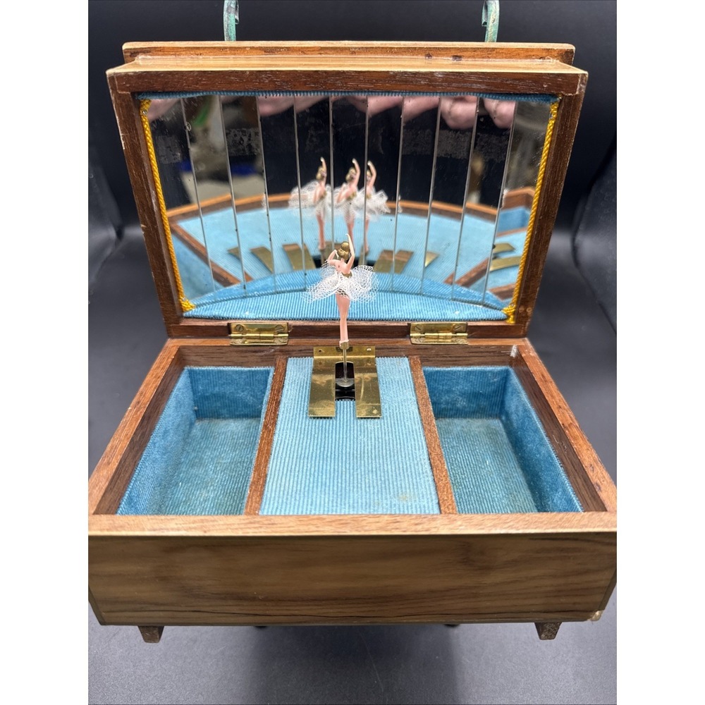 Vintage Wooden Music Box Jewelry Box Mirror Mirror On The Inside Works! 7 x 4"